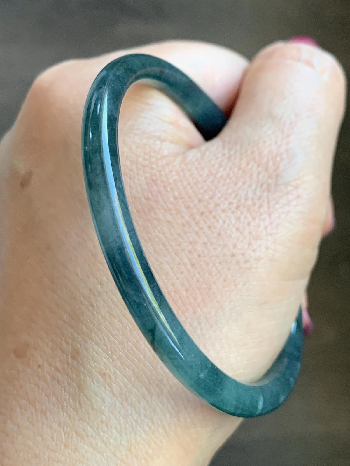 Certified Natural Grade A Guatemalan Icy Highly Translucent Dark Teal Blue Jade Jadeite Slim Bangle 58.23mm 7.2” 17g 天然冰胶危深蓝绿翡翠细圆条手镯 987