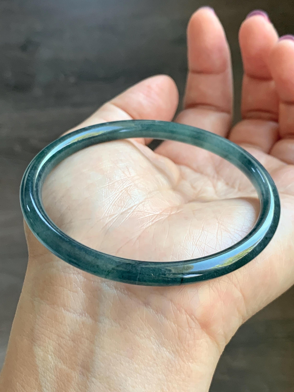 Certified Natural Grade A Guatemalan Icy Highly Translucent Dark Teal Blue Jade Jadeite Slim Bangle 58.23mm 7.2” 17g 天然冰胶危深蓝绿翡翠细圆条手镯 987