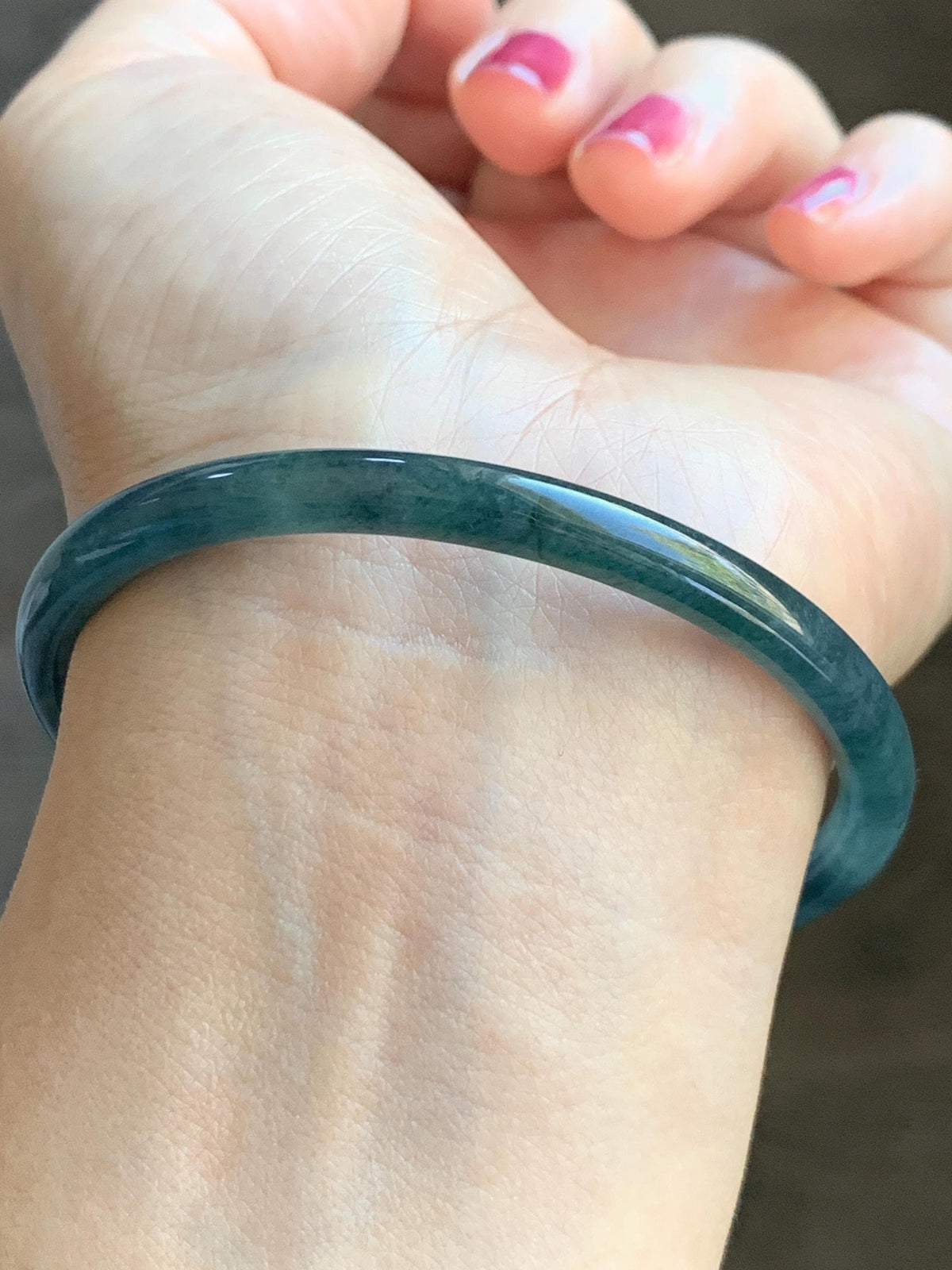 Certified Natural Grade A Guatemalan Icy Highly Translucent Dark Teal Blue Jade Jadeite Slim Bangle 58.23mm 7.2” 17g 天然冰胶危深蓝绿翡翠细圆条手镯 987
