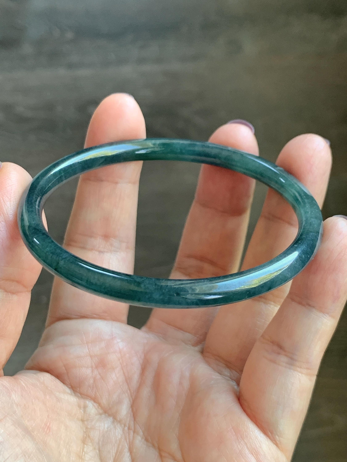 Certified Natural Grade A Guatemalan Icy Highly Translucent Dark Teal Blue Jade Jadeite Slim Bangle 58.23mm 7.2” 17g 天然冰胶危深蓝绿翡翠细圆条手镯 987
