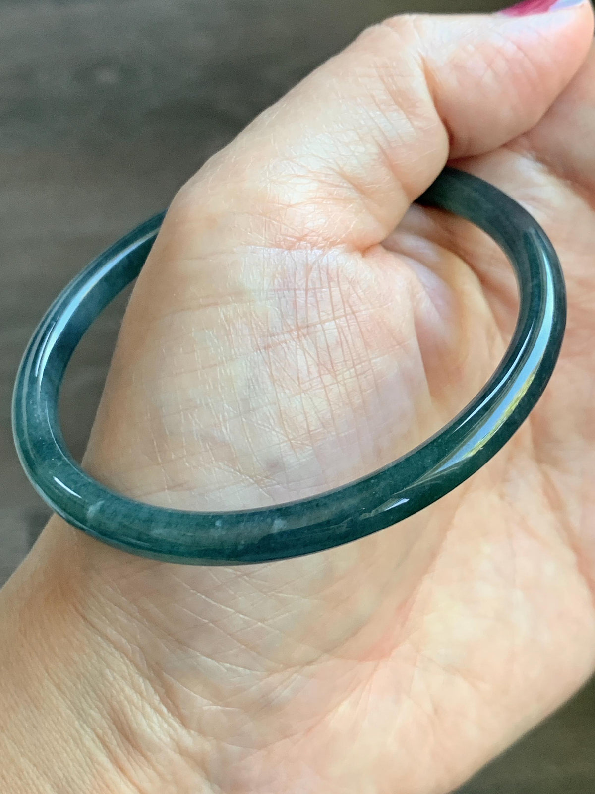 Certified Natural Grade A Guatemalan Icy Highly Translucent Dark Teal Blue Jade Jadeite Slim Bangle 58.23mm 7.2” 17g 天然冰胶危深蓝绿翡翠细圆条手镯 987