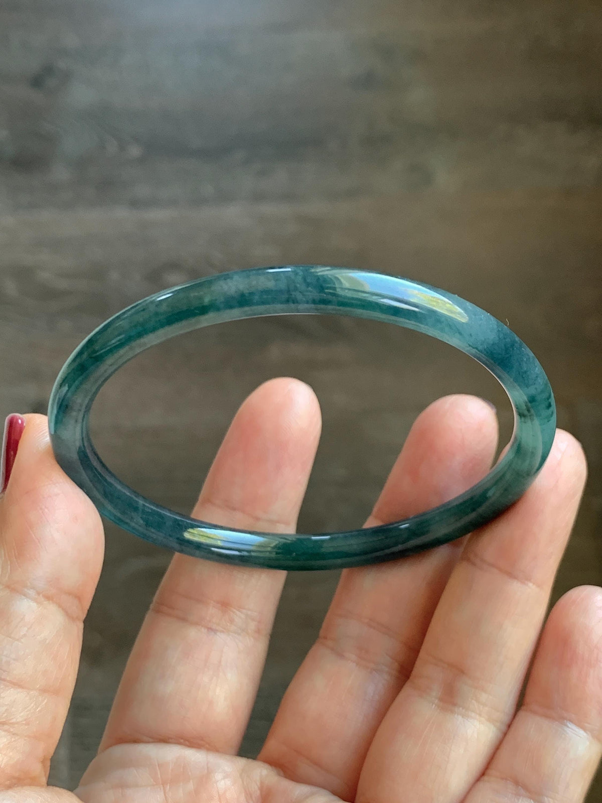 Certified Natural Grade A Guatemalan Icy Highly Translucent Dark Teal Blue Jade Jadeite Slim Bangle 58.23mm 7.2” 17g 天然冰胶危深蓝绿翡翠细圆条手镯 987