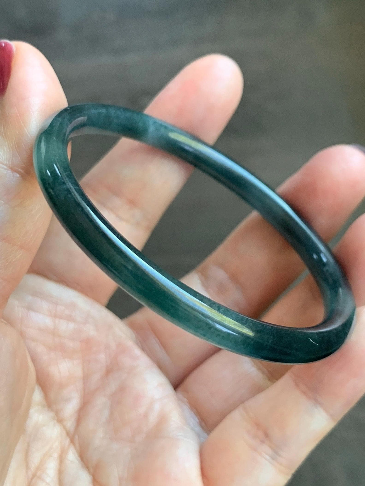 Certified Natural Grade A Guatemalan Icy Highly Translucent Dark Teal Green Jade Jadeite Slim Bangle 56.3mm 6.96” 18g 天然冰胶危深蓝绿翡翠细圆条手镯 989