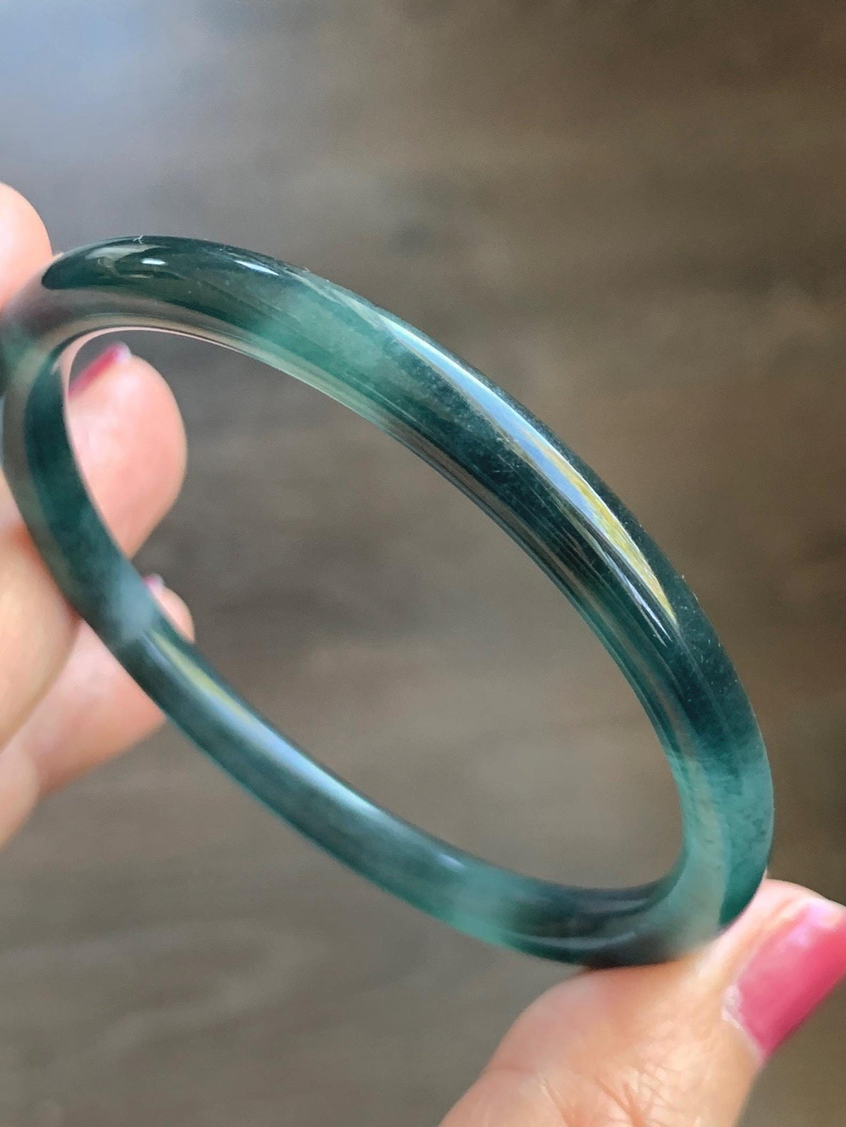 Certified Natural Grade A Guatemalan Icy Highly Translucent Dark Teal Green Jade Jadeite Slim Bangle 56.3mm 6.96” 18g 天然冰胶危深蓝绿翡翠细圆条手镯 989