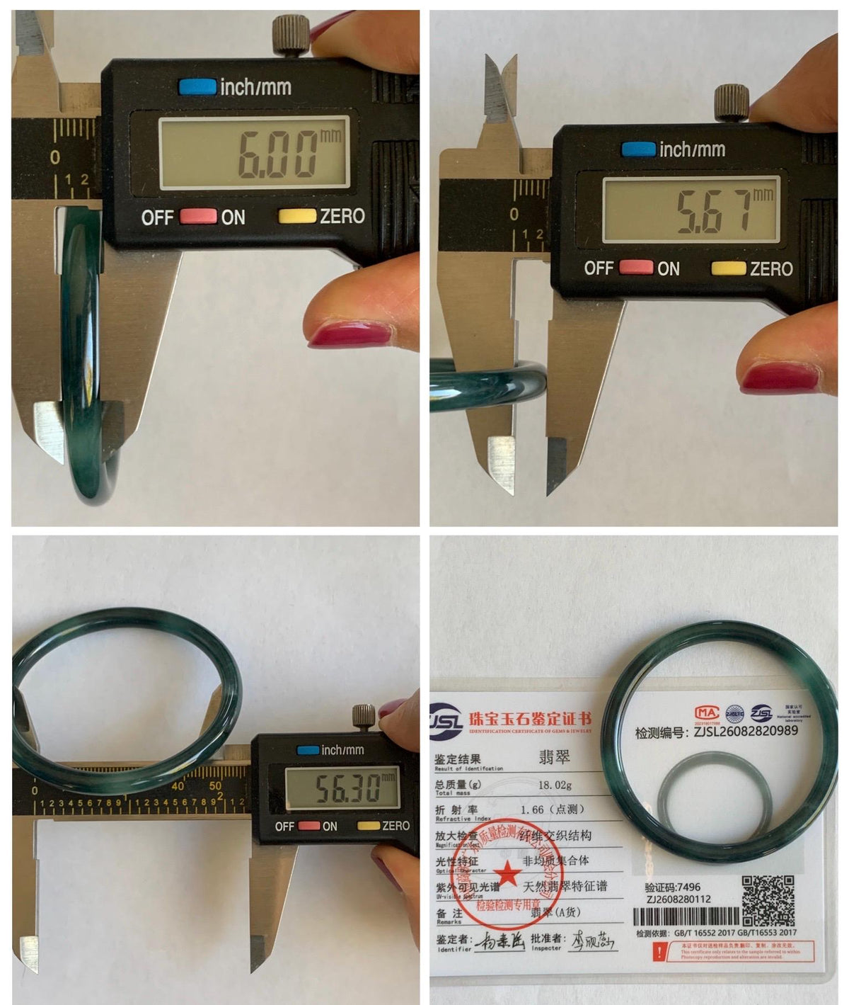 Certified Natural Grade A Guatemalan Icy Highly Translucent Dark Teal Green Jade Jadeite Slim Bangle 56.3mm 6.96” 18g 天然冰胶危深蓝绿翡翠细圆条手镯 989