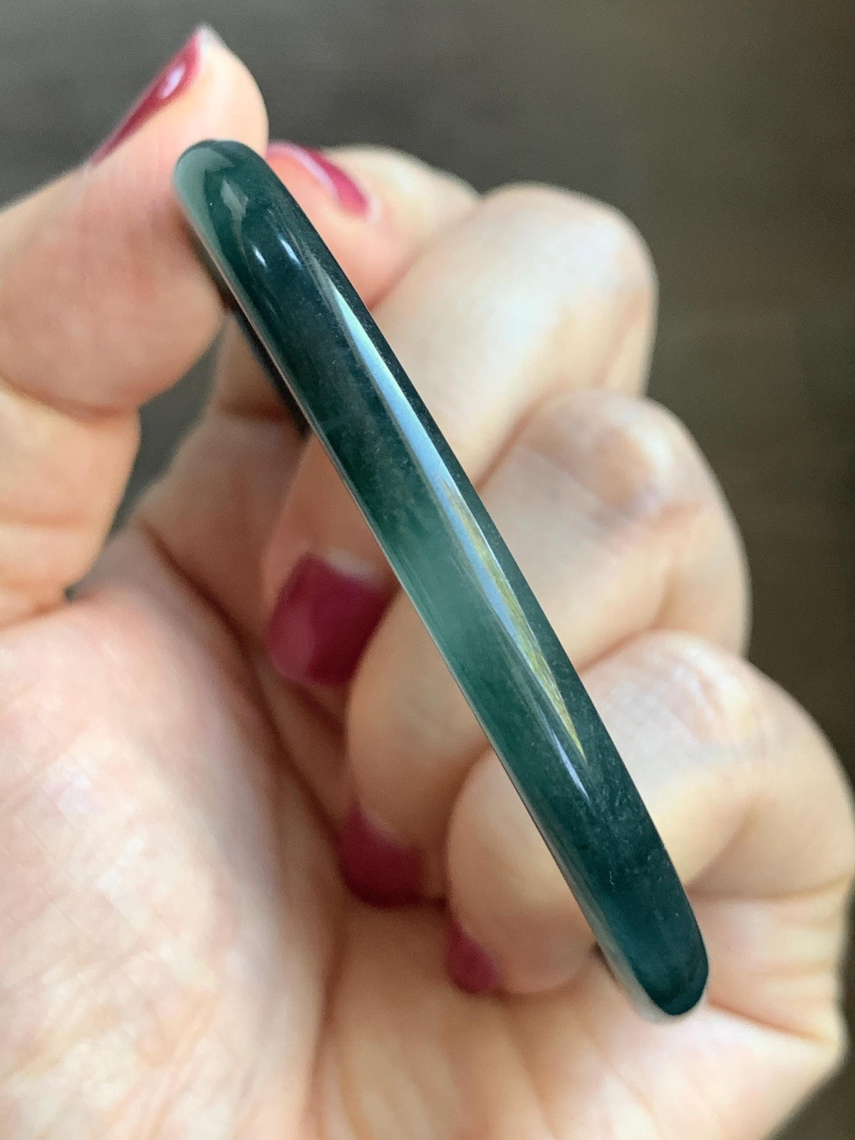 Certified Natural Grade A Guatemalan Icy Highly Translucent Dark Teal Green Jade Jadeite Slim Bangle 56.3mm 6.96” 18g 天然冰胶危深蓝绿翡翠细圆条手镯 989