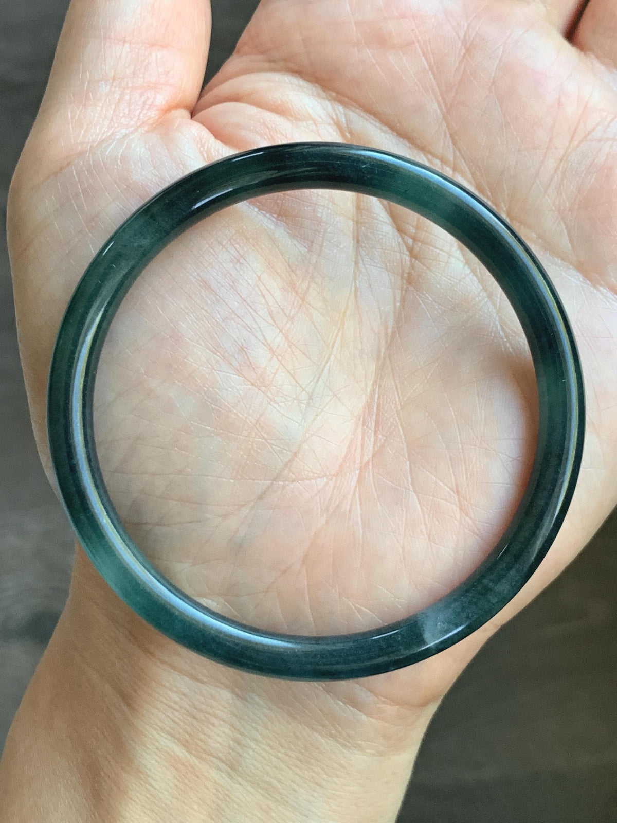 Certified Natural Grade A Guatemalan Icy Highly Translucent Dark Teal Green Jade Jadeite Slim Bangle 56.3mm 6.96” 18g 天然冰胶危深蓝绿翡翠细圆条手镯 989