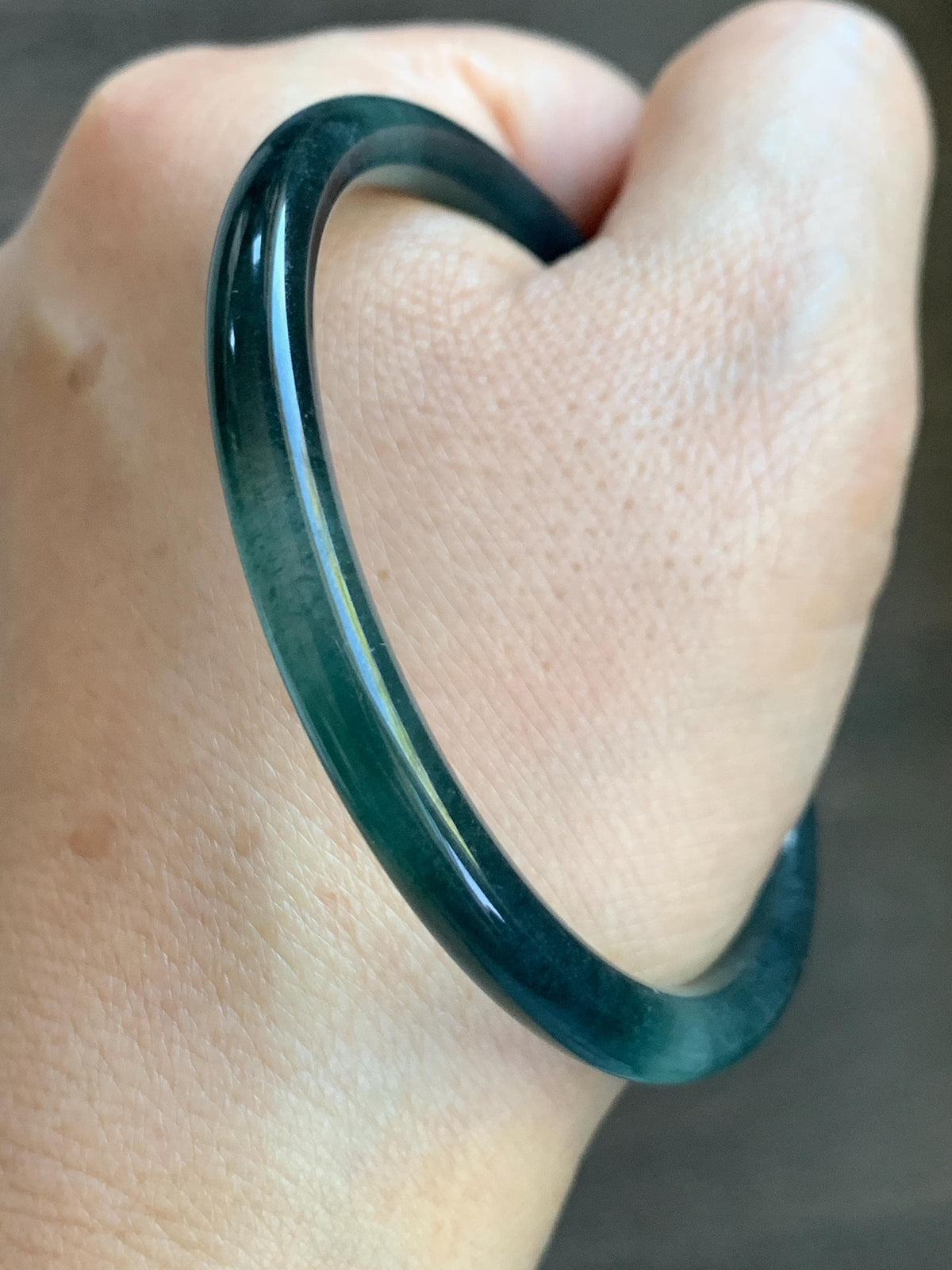 Certified Natural Grade A Guatemalan Icy Highly Translucent Dark Teal Green Jade Jadeite Slim Bangle 56.3mm 6.96” 18g 天然冰胶危深蓝绿翡翠细圆条手镯 989