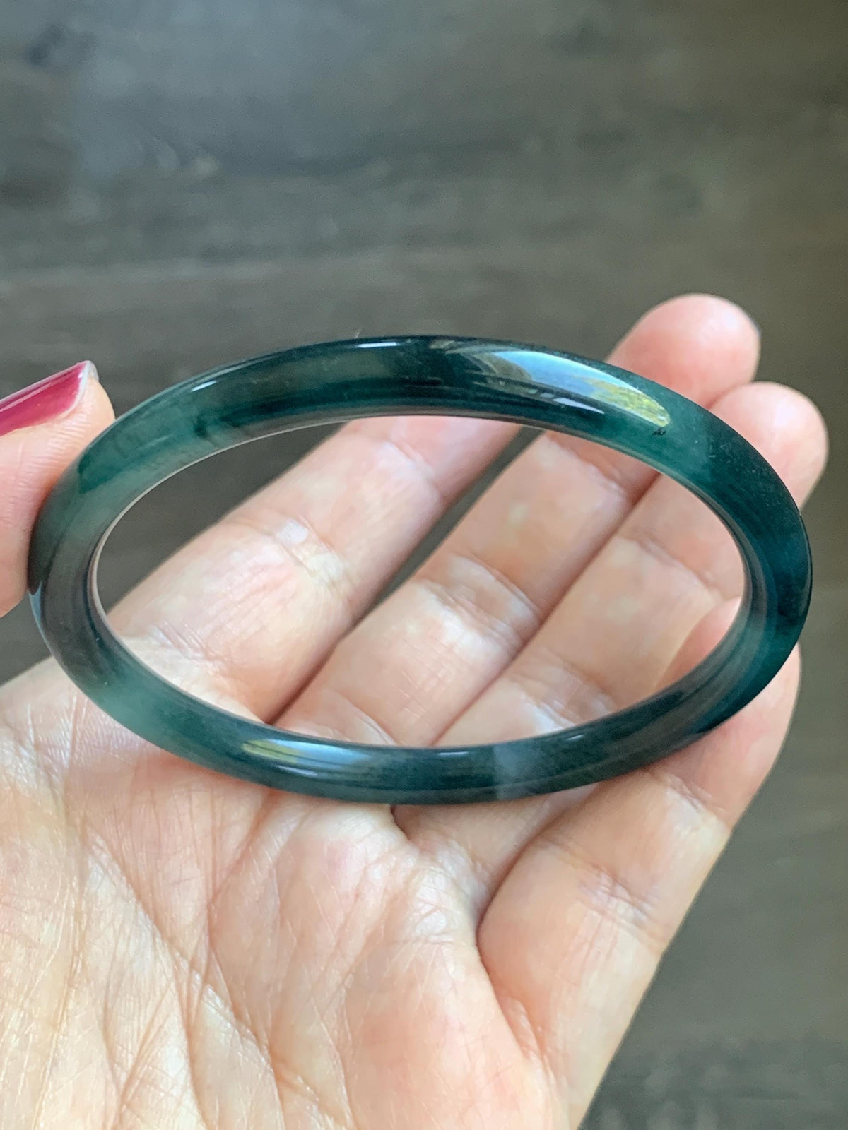 Certified Natural Grade A Guatemalan Icy Highly Translucent Dark Teal Green Jade Jadeite Slim Bangle 56.3mm 6.96” 18g 天然冰胶危深蓝绿翡翠细圆条手镯 989