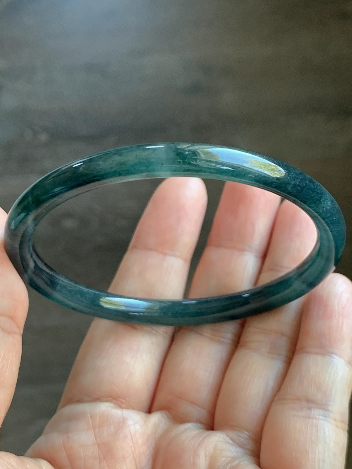 Certified Natural Grade A Guatemalan Icy Highly Translucent Dark Teal Green Jade Jadeite Slim Bangle 56.7mm 7” 18.36g 天然冰胶危深蓝绿翡翠细圆条手镯 992