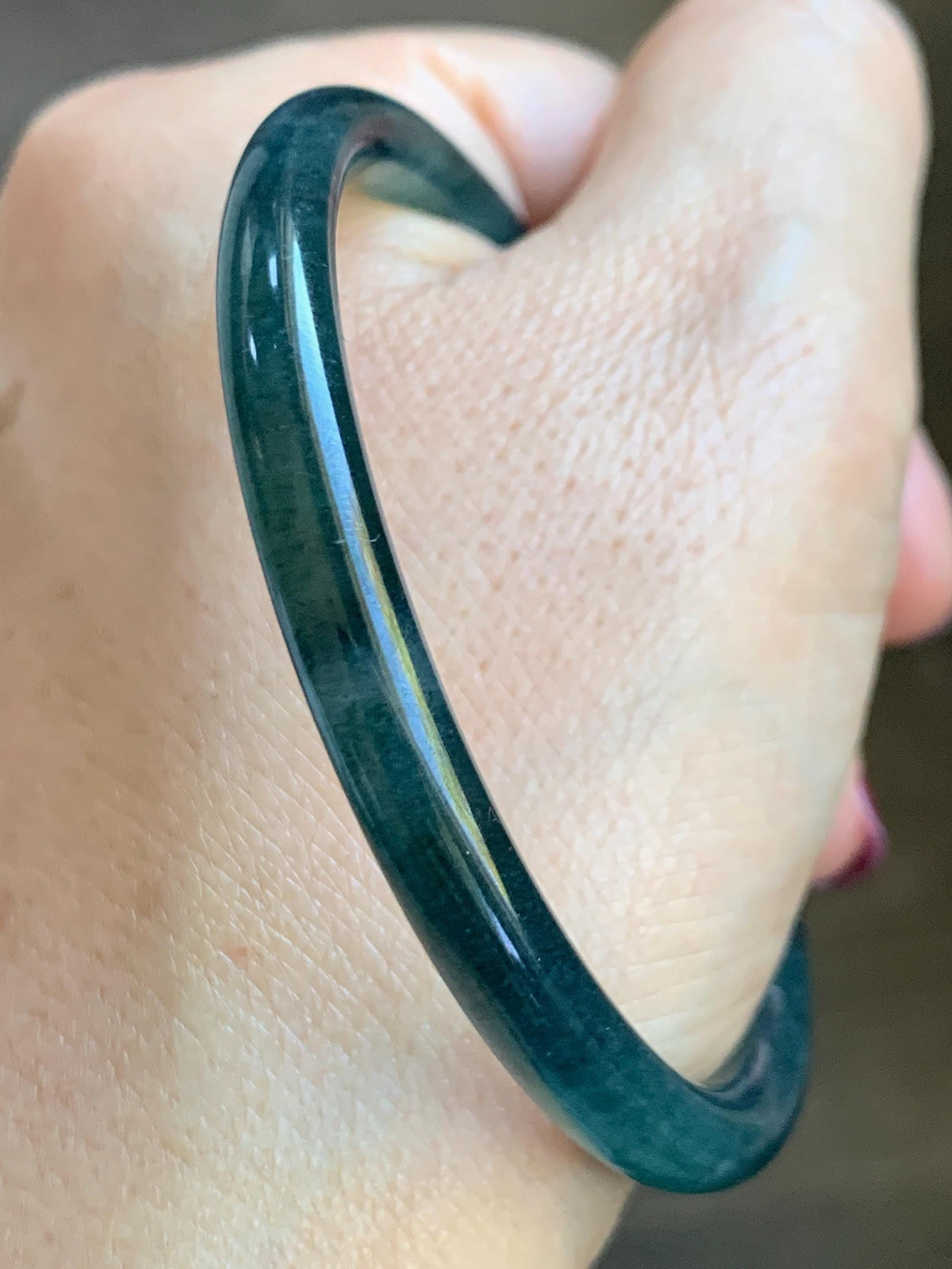 Certified Natural Grade A Guatemalan Icy Highly Translucent Dark Teal Green Jade Jadeite Slim Bangle 56.7mm 7” 18.36g 天然冰胶危深蓝绿翡翠细圆条手镯 992