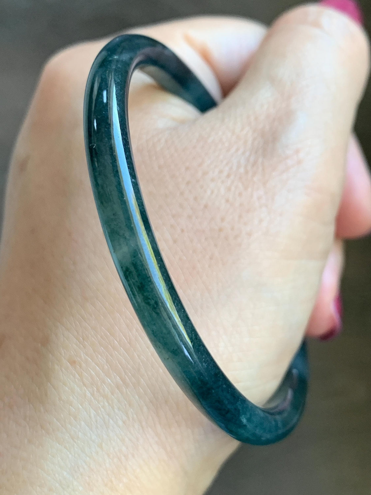Certified Natural Grade A Guatemalan Icy Highly Translucent Dark Teal Green Jade Jadeite Slim Bangle 56.7mm 7” 18.36g 天然冰胶危深蓝绿翡翠细圆条手镯 992