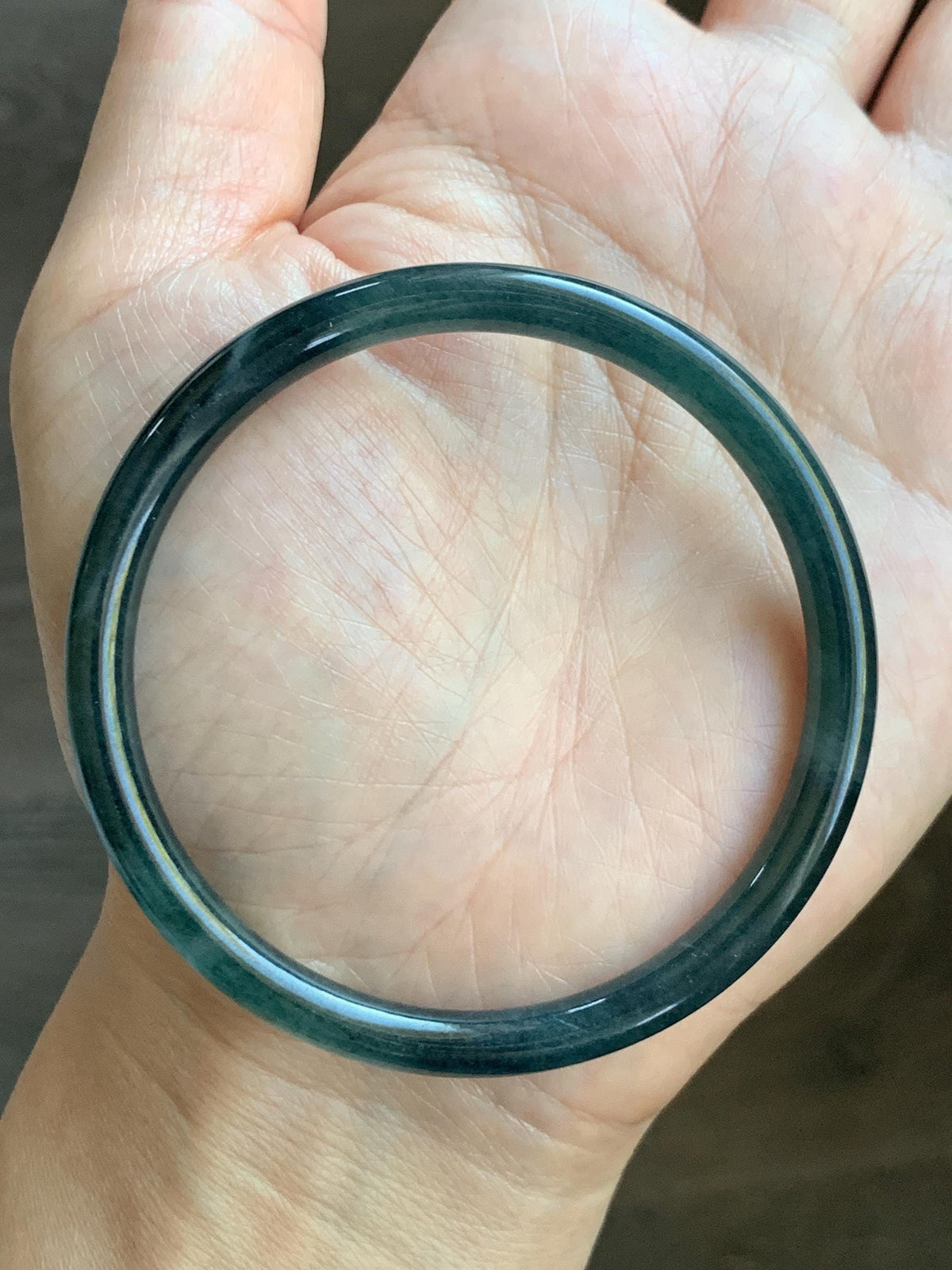 Certified Natural Grade A Guatemalan Icy Highly Translucent Dark Teal Green Jade Jadeite Slim Bangle 56.7mm 7” 18.36g 天然冰胶危深蓝绿翡翠细圆条手镯 992