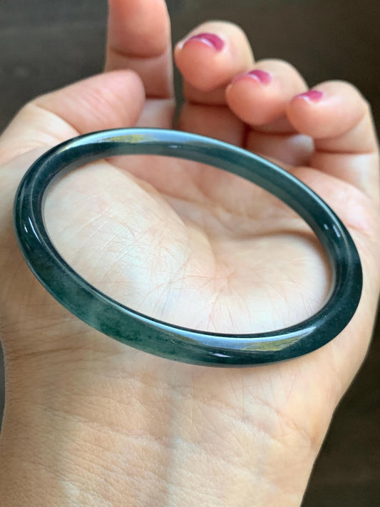 Certified Natural Grade A Guatemalan Icy Highly Translucent Dark Teal Green Jade Jadeite Slim Bangle 56.7mm 7” 18.36g 天然冰胶危深蓝绿翡翠细圆条手镯 992