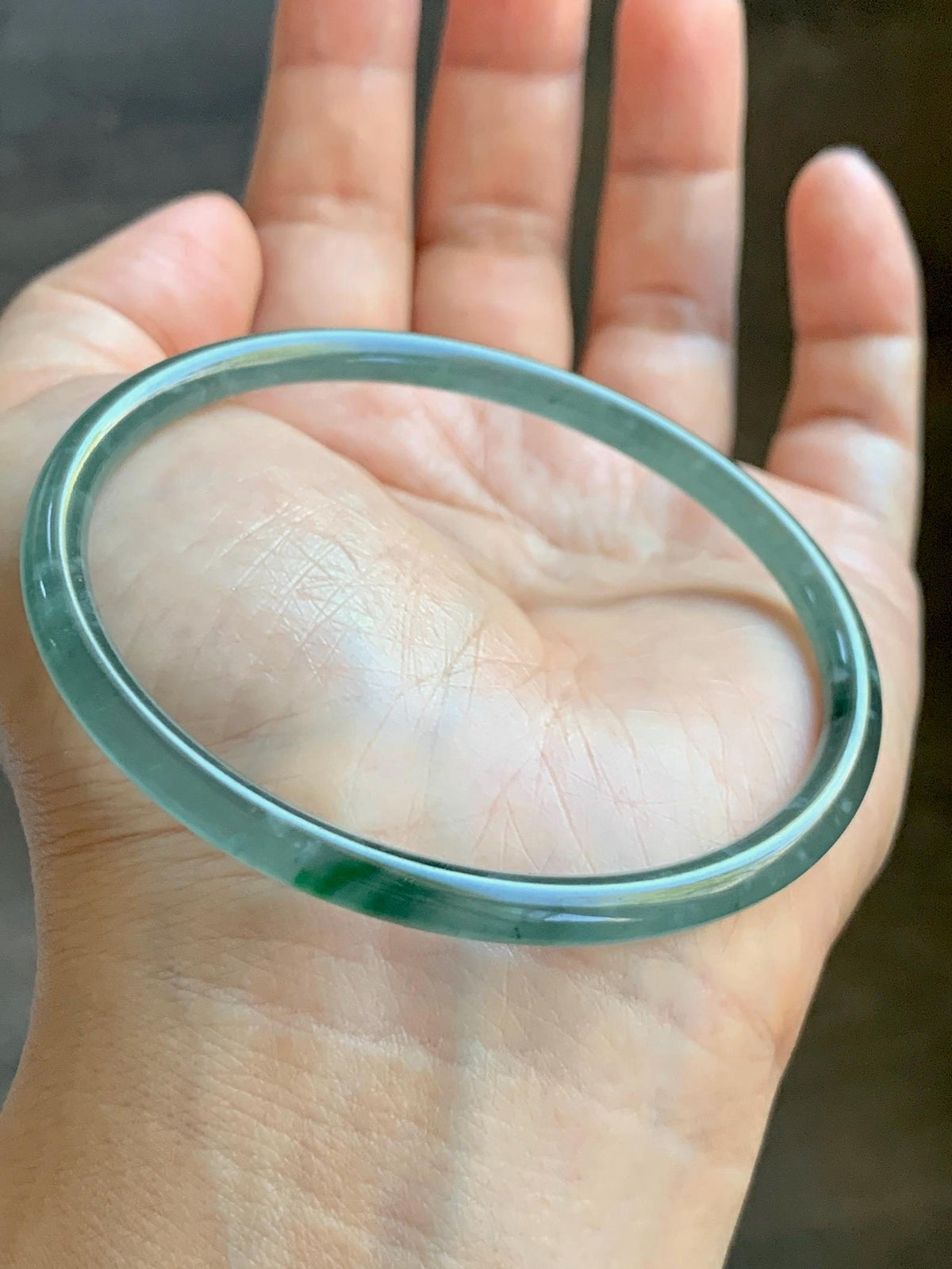 Certified Natural Grade A Guatemalan Icy Translucent Light Teal Green Jade Jadeite Skinny Bangle 60.25mm 7.45” 12.85g 天然冰胶危蓝绿翡翠细圆条手镯 933