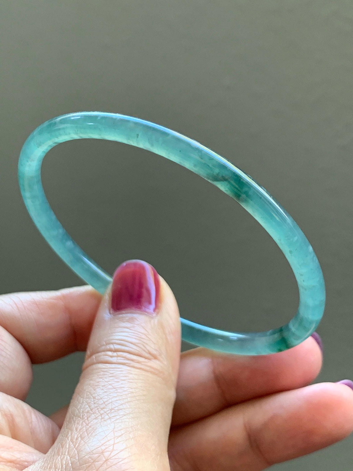Certified Natural Grade A Guatemalan Icy Translucent Light Teal Green Jade Jadeite Skinny Bangle 60.25mm 7.45” 12.85g 天然冰胶危蓝绿翡翠细圆条手镯 933