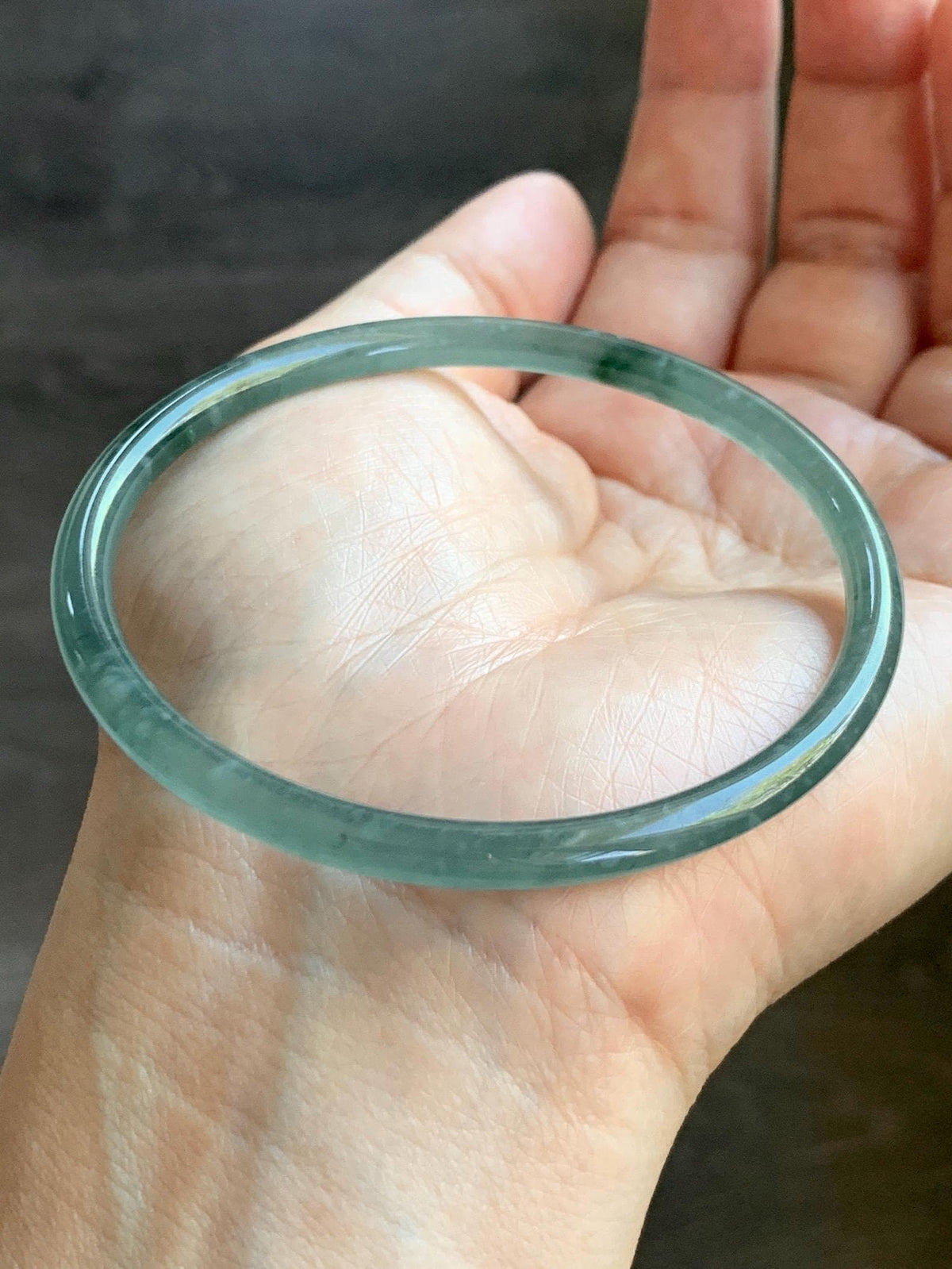 Certified Natural Grade A Guatemalan Icy Translucent Light Teal Green Jade Jadeite Skinny Bangle 60.25mm 7.45” 12.85g 天然冰胶危蓝绿翡翠细圆条手镯 933