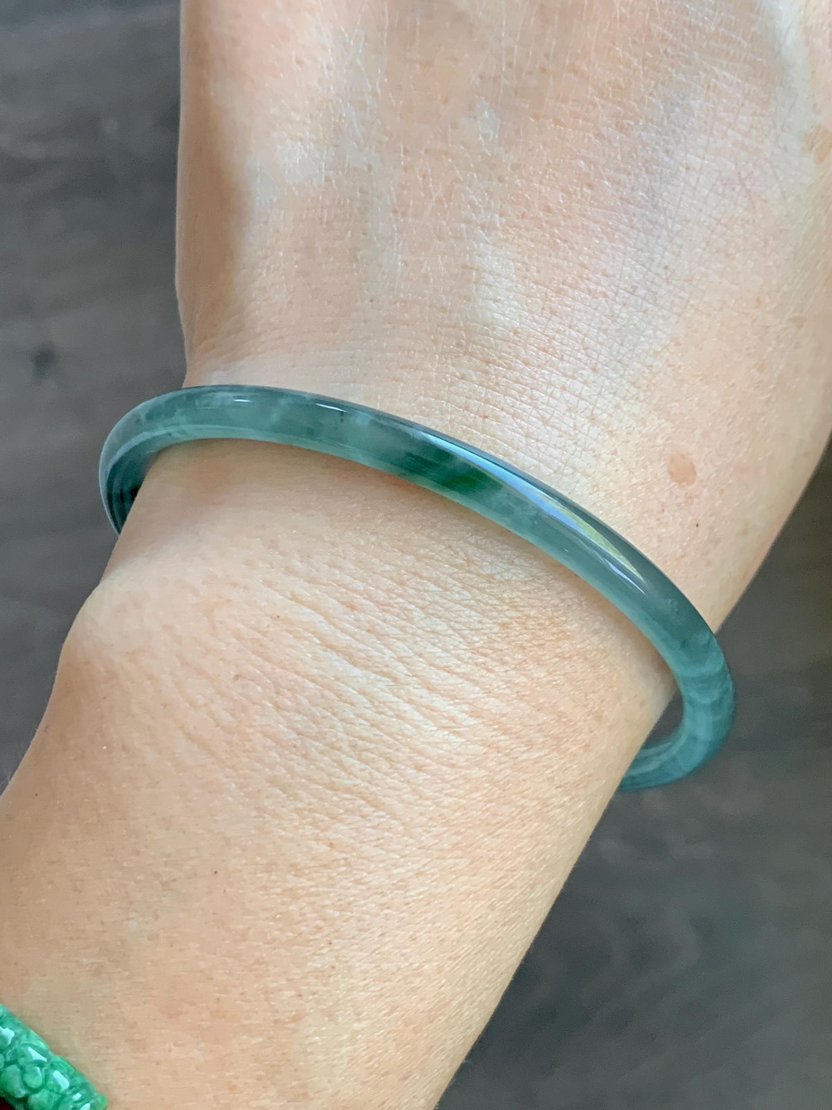 Certified Natural Grade A Guatemalan Icy Translucent Light Teal Green Jade Jadeite Skinny Bangle 60.25mm 7.45” 12.85g 天然冰胶危蓝绿翡翠细圆条手镯 933