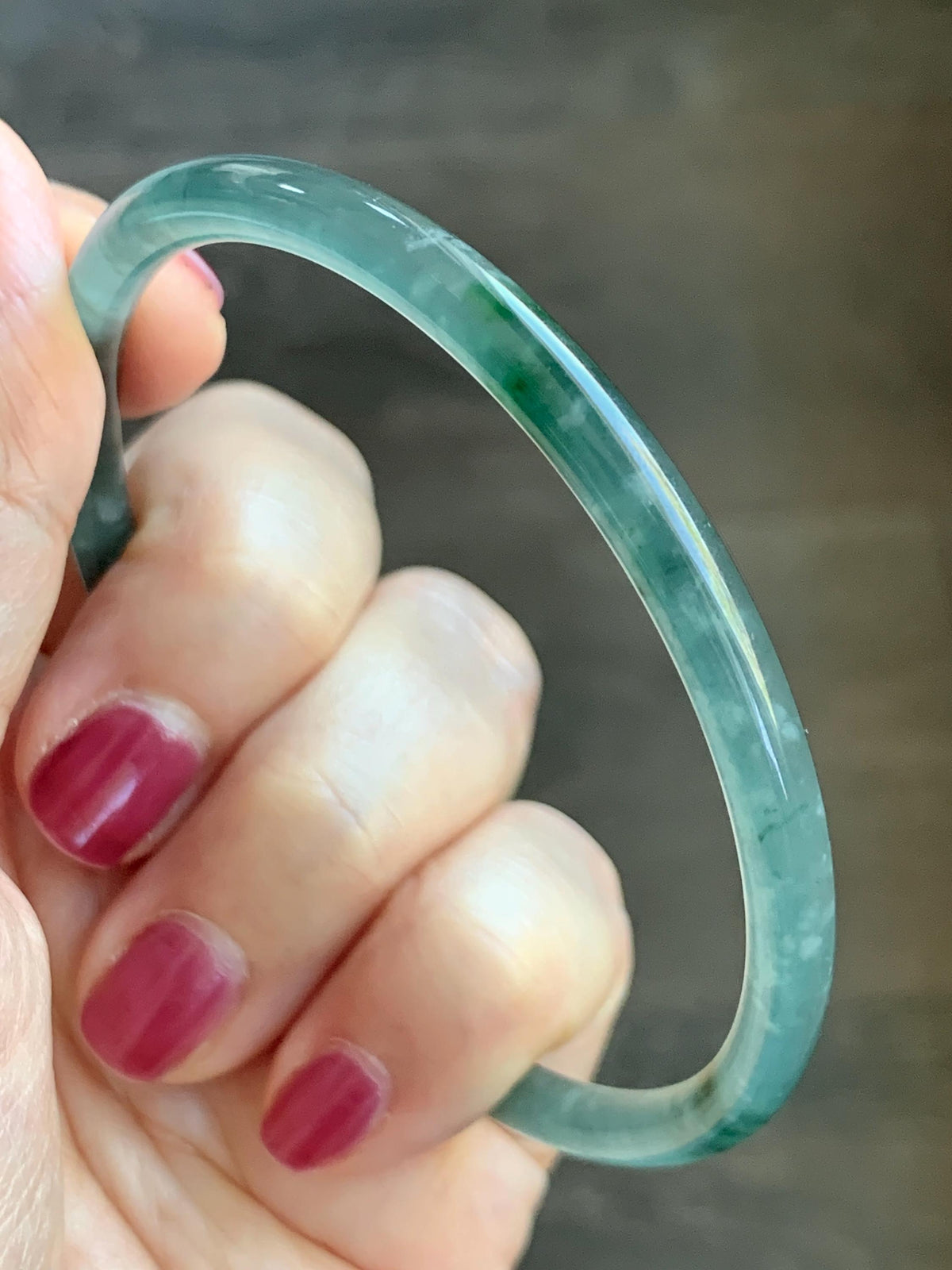 Certified Natural Grade A Guatemalan Icy Translucent Light Teal Green Jade Jadeite Skinny Bangle 60.25mm 7.45” 12.85g 天然冰胶危蓝绿翡翠细圆条手镯 933