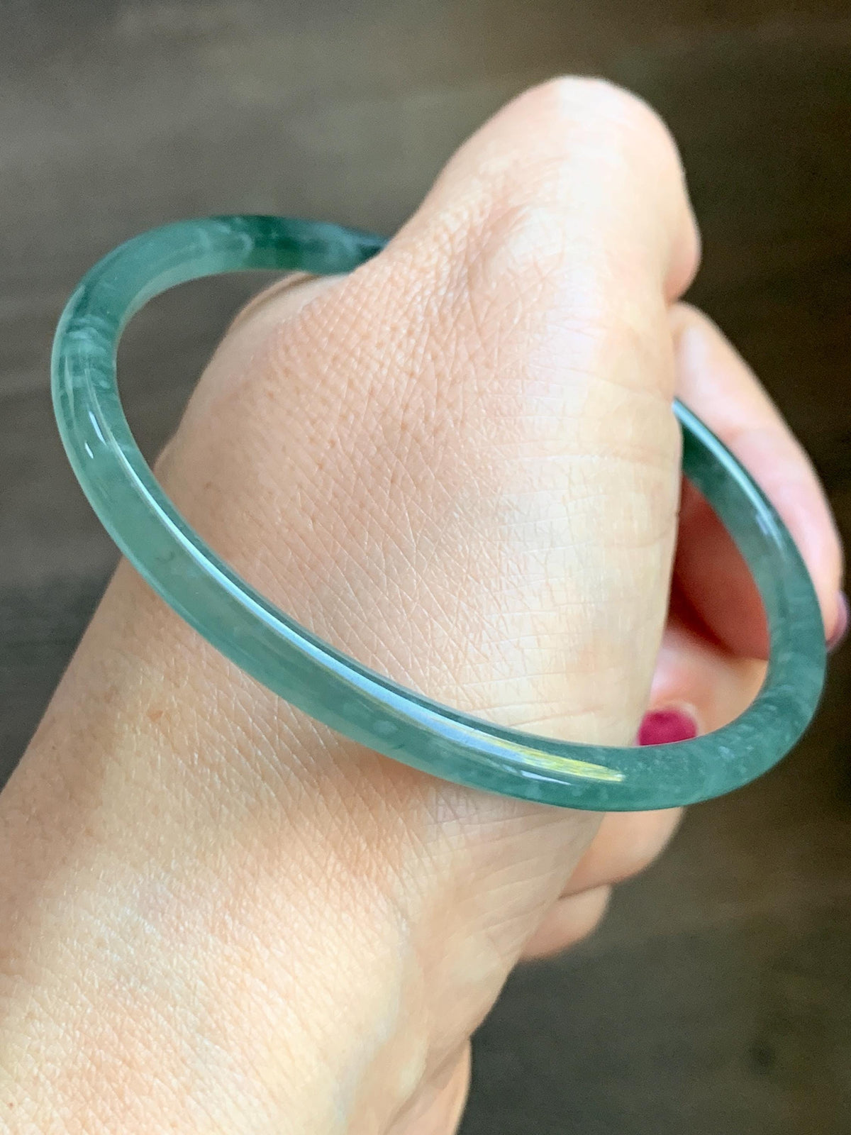 Certified Natural Grade A Guatemalan Icy Translucent Light Teal Green Jade Jadeite Skinny Bangle 60.25mm 7.45” 12.85g 天然冰胶危蓝绿翡翠细圆条手镯 933