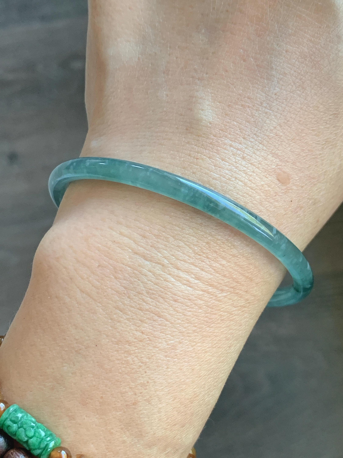 Certified Natural Grade A Guatemalan Icy Translucent Light Teal Green Jade Jadeite Skinny Bangle 60.25mm 7.45” 12.85g 天然冰胶危蓝绿翡翠细圆条手镯 933