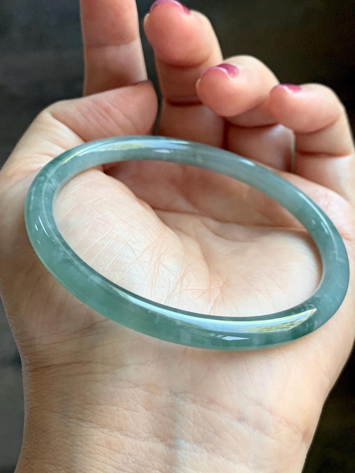 Certified Natural Grade A Guatemalan Icy Translucent Light Dusty Teal Jade Jadeite Slim Bangle 60mm 7.42" 20g 天然冰危浅蓝翡翠细圆条手镯 956