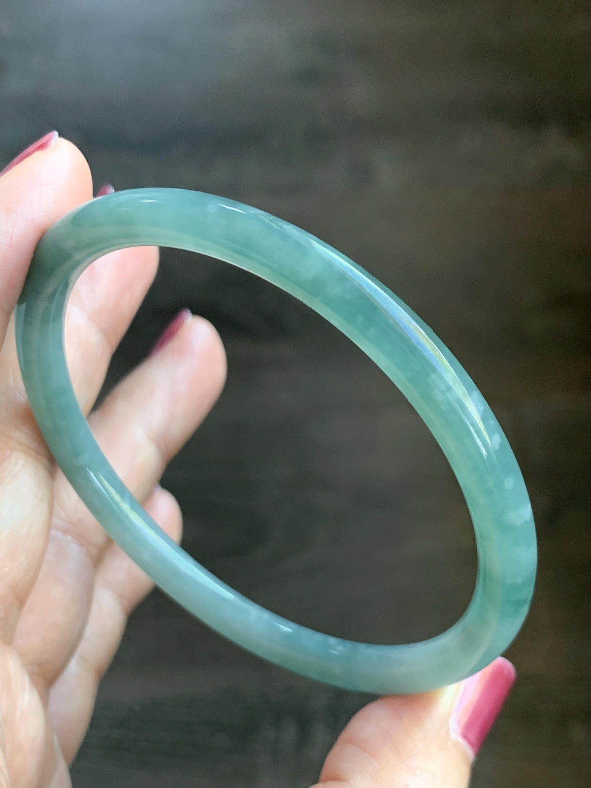 Certified Natural Grade A Guatemalan Icy Translucent Light Dusty Teal Jade Jadeite Slim Bangle 60mm 7.42" 20g 天然冰危浅蓝翡翠细圆条手镯 956