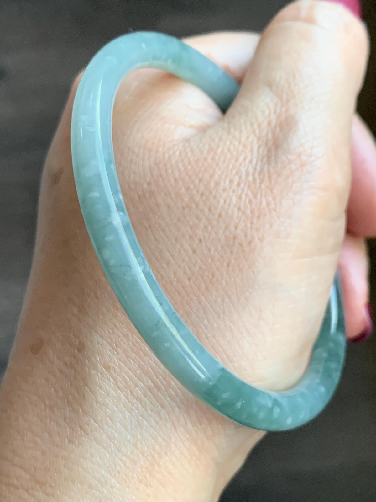 Certified Natural Grade A Guatemalan Icy Translucent Light Dusty Teal Jade Jadeite Slim Bangle 60mm 7.42" 20g 天然冰危浅蓝翡翠细圆条手镯 956