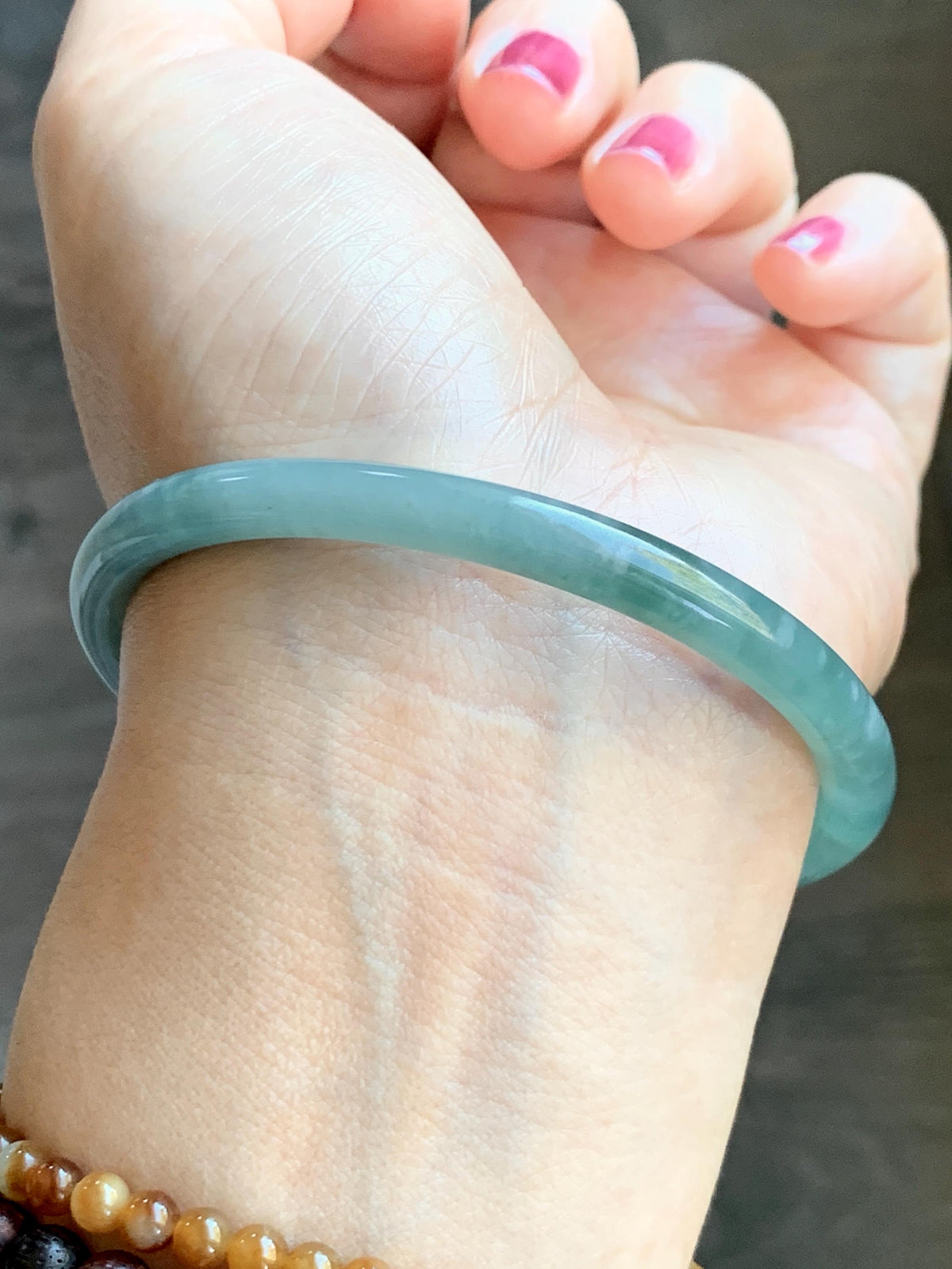 Certified Natural Grade A Guatemalan Icy Translucent Light Dusty Teal Jade Jadeite Slim Bangle 60mm 7.42" 20g 天然冰危浅蓝翡翠细圆条手镯 956