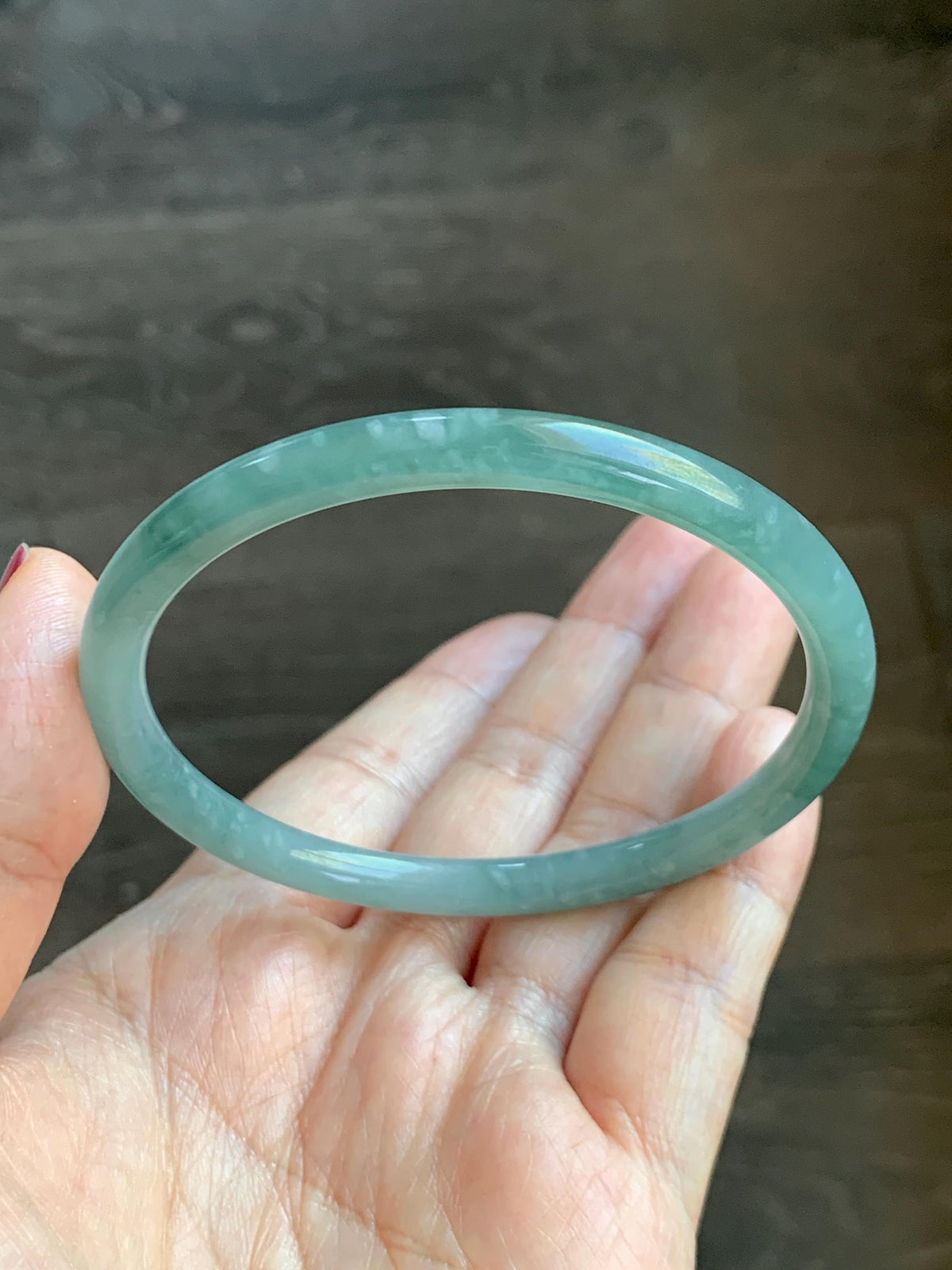 Certified Natural Grade A Guatemalan Icy Translucent Light Dusty Teal Jade Jadeite Slim Bangle 60mm 7.42" 20g 天然冰危浅蓝翡翠细圆条手镯 956