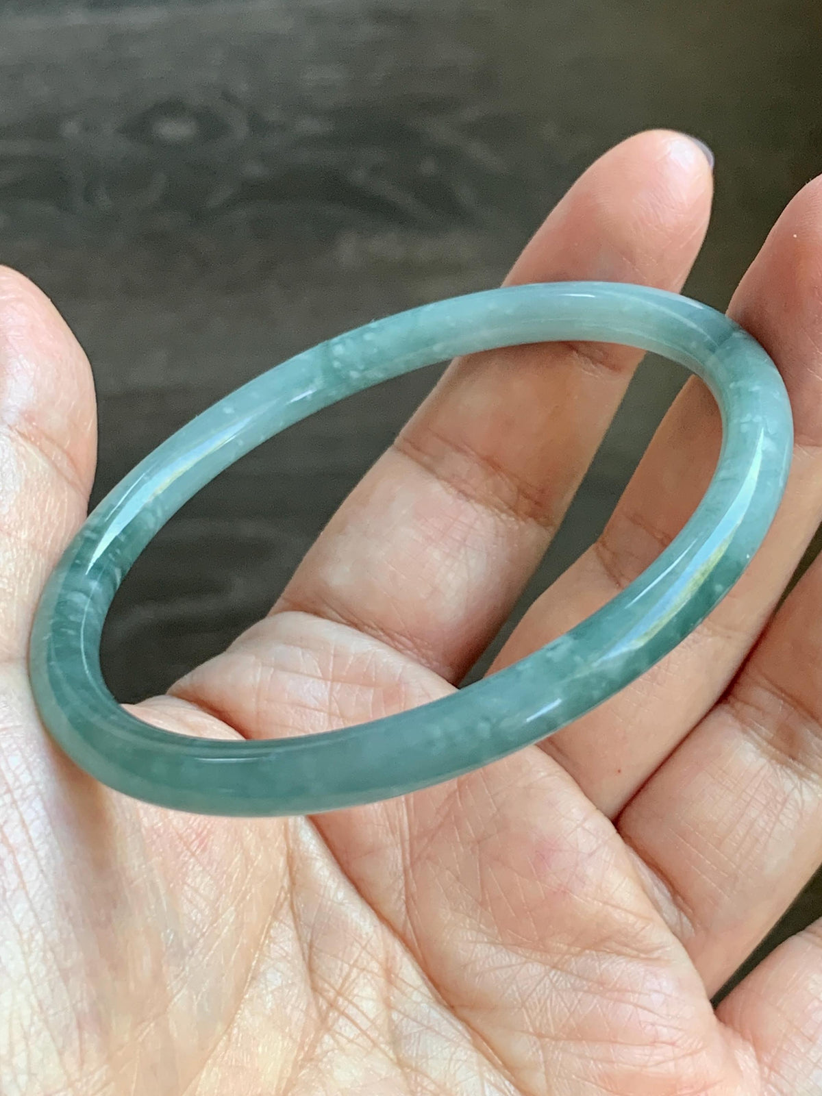 Certified Natural Grade A Guatemalan Icy Translucent Light Dusty Teal Jade Jadeite Slim Bangle 60mm 7.42" 20g 天然冰危浅蓝翡翠细圆条手镯 956