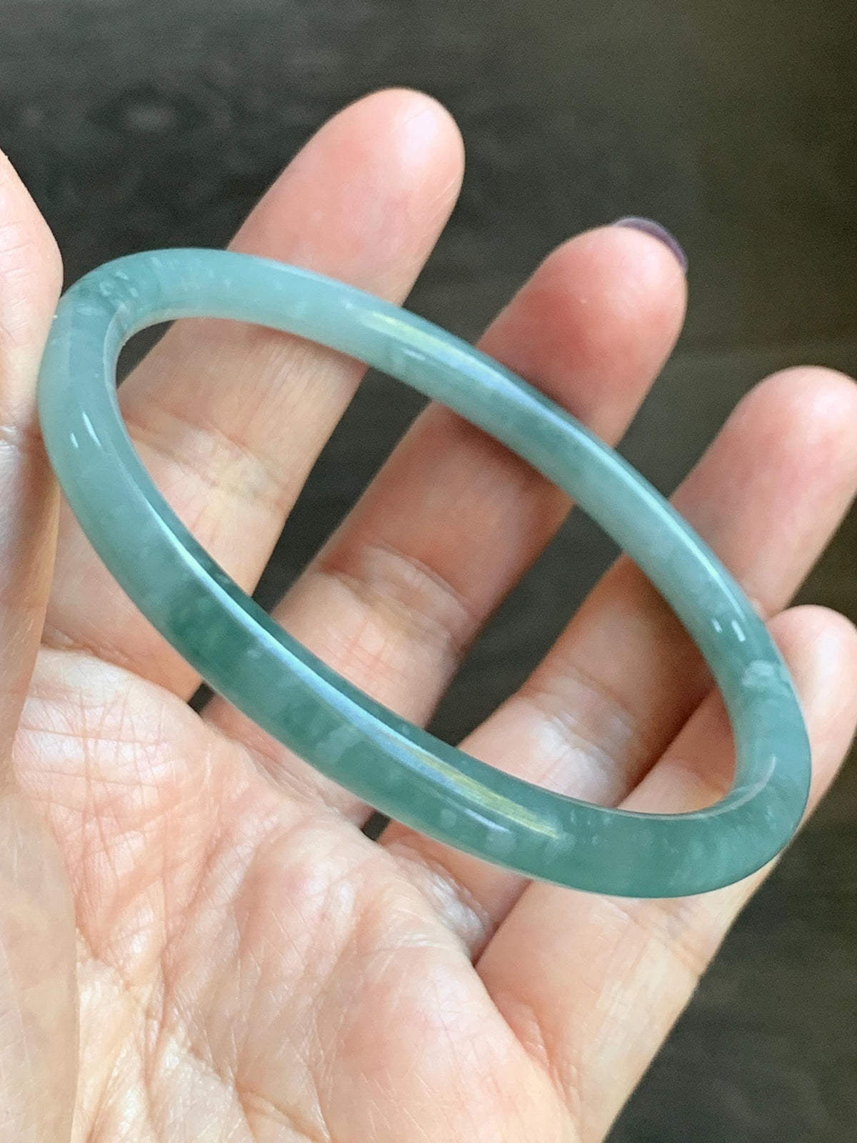 Certified Natural Grade A Guatemalan Icy Translucent Light Dusty Teal Jade Jadeite Slim Bangle 60mm 7.42" 20g 天然冰危浅蓝翡翠细圆条手镯 956
