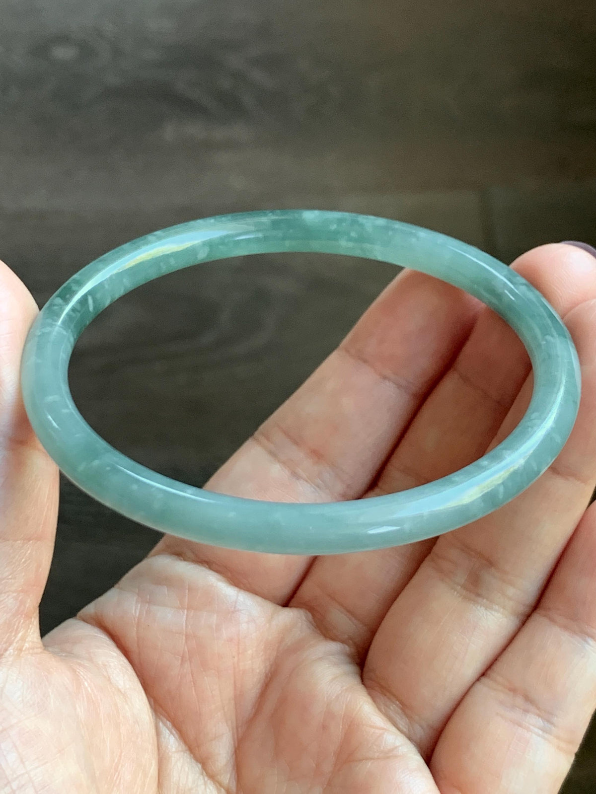 Certified Natural Grade A Guatemalan Icy Translucent Light Dusty Teal Jade Jadeite Slim Bangle 60mm 7.42" 20g 天然冰危浅蓝翡翠细圆条手镯 956