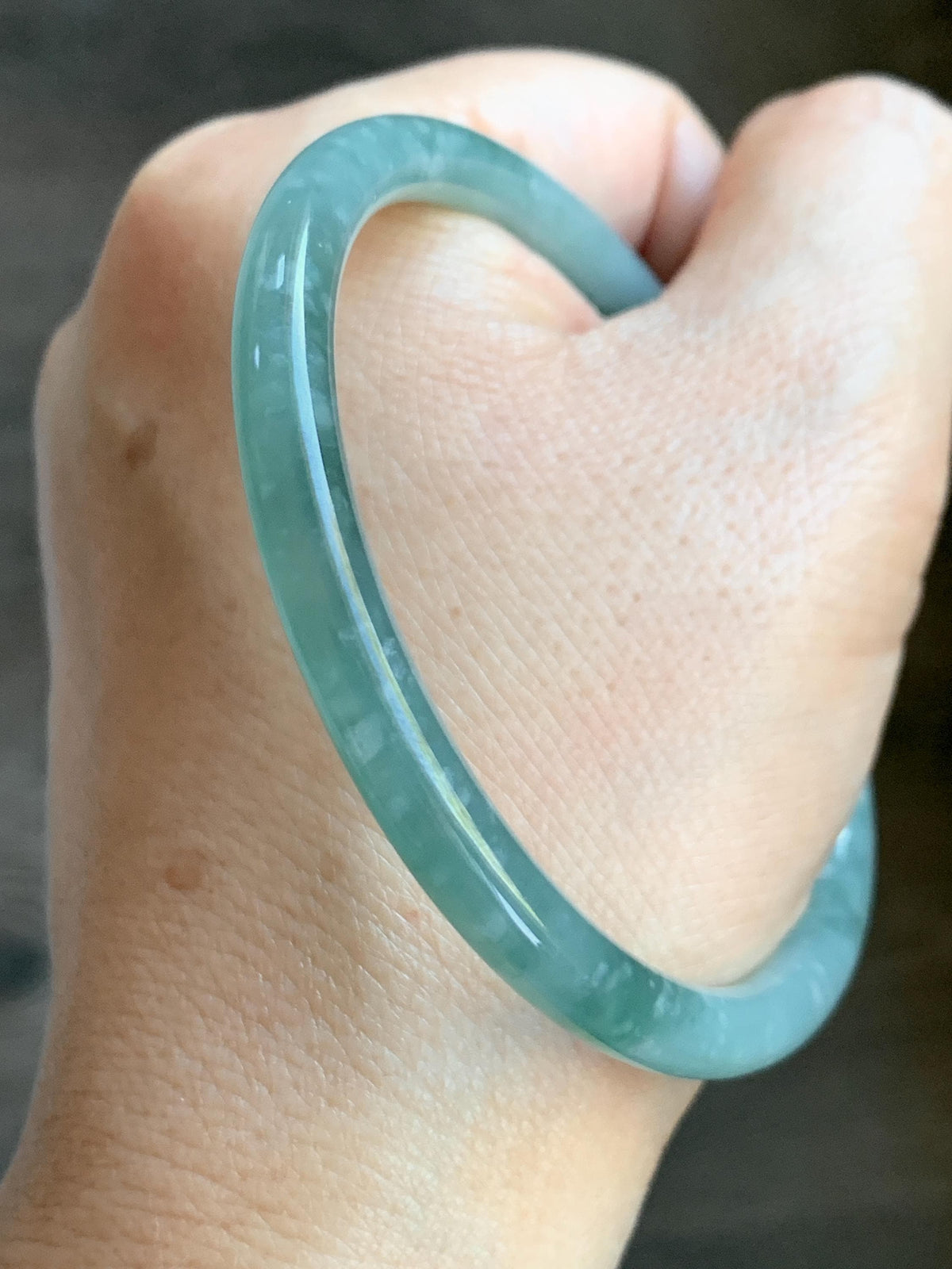 Certified Natural Grade A Guatemalan Icy Translucent Light Dusty Teal Jade Jadeite Slim Bangle 60mm 7.42" 20g 天然冰危浅蓝翡翠细圆条手镯 956