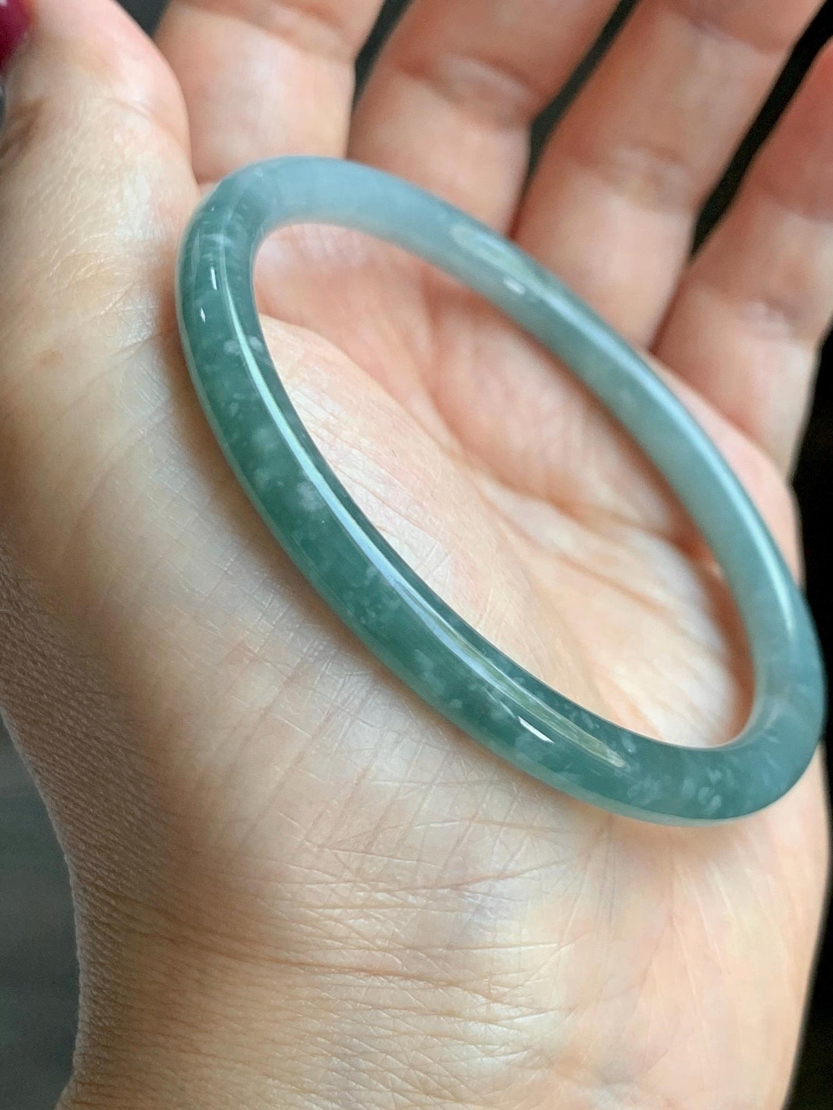 Certified Natural Grade A Guatemalan Icy Translucent Light Dusty Teal Jade Jadeite Slim Bangle 58.24mm 7.2" 19.56g 天然冰危浅蓝翡翠细圆条手镯 957