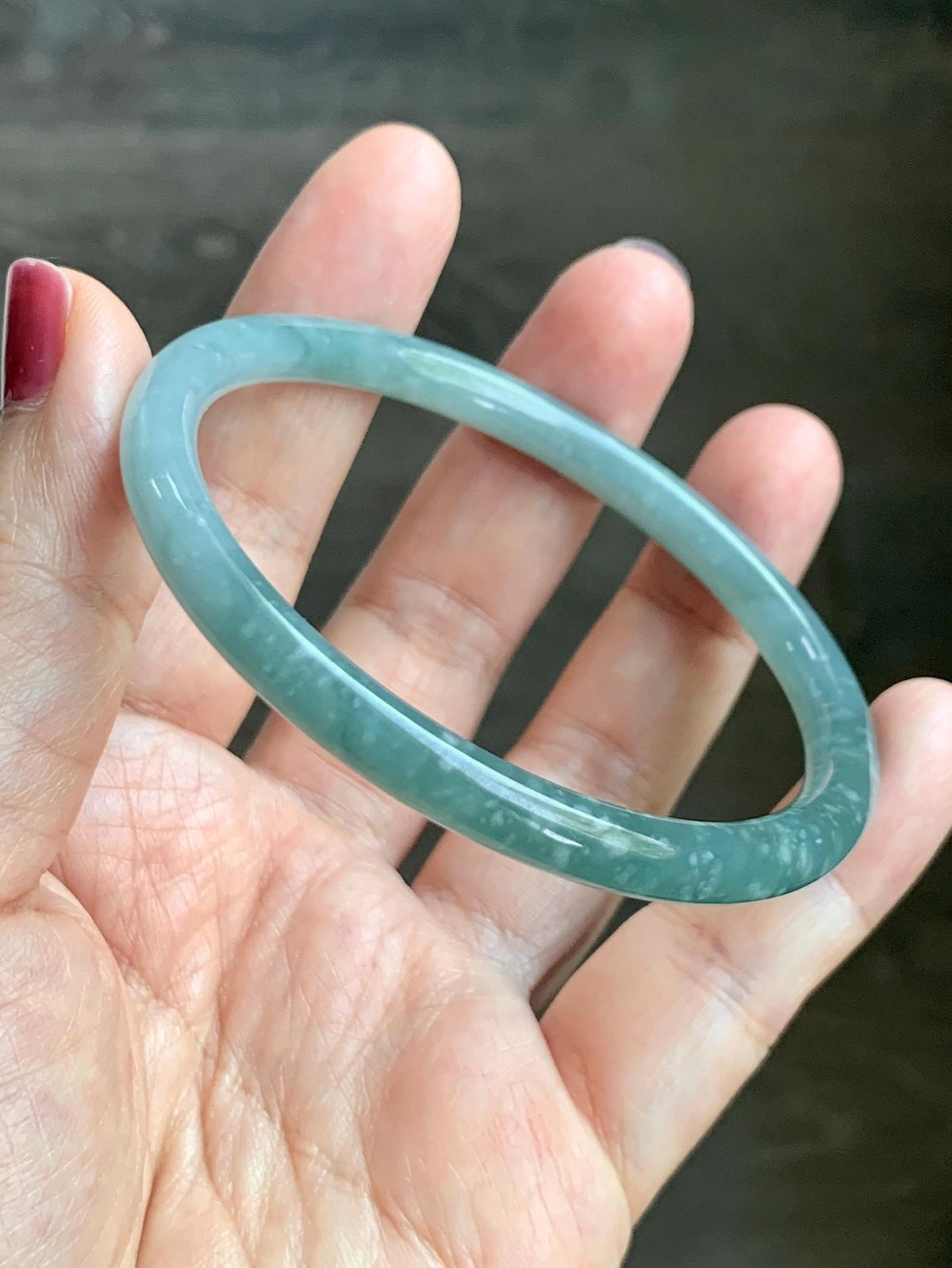 Certified Natural Grade A Guatemalan Icy Translucent Light Dusty Teal Jade Jadeite Slim Bangle 58.24mm 7.2" 19.56g 天然冰危浅蓝翡翠细圆条手镯 957
