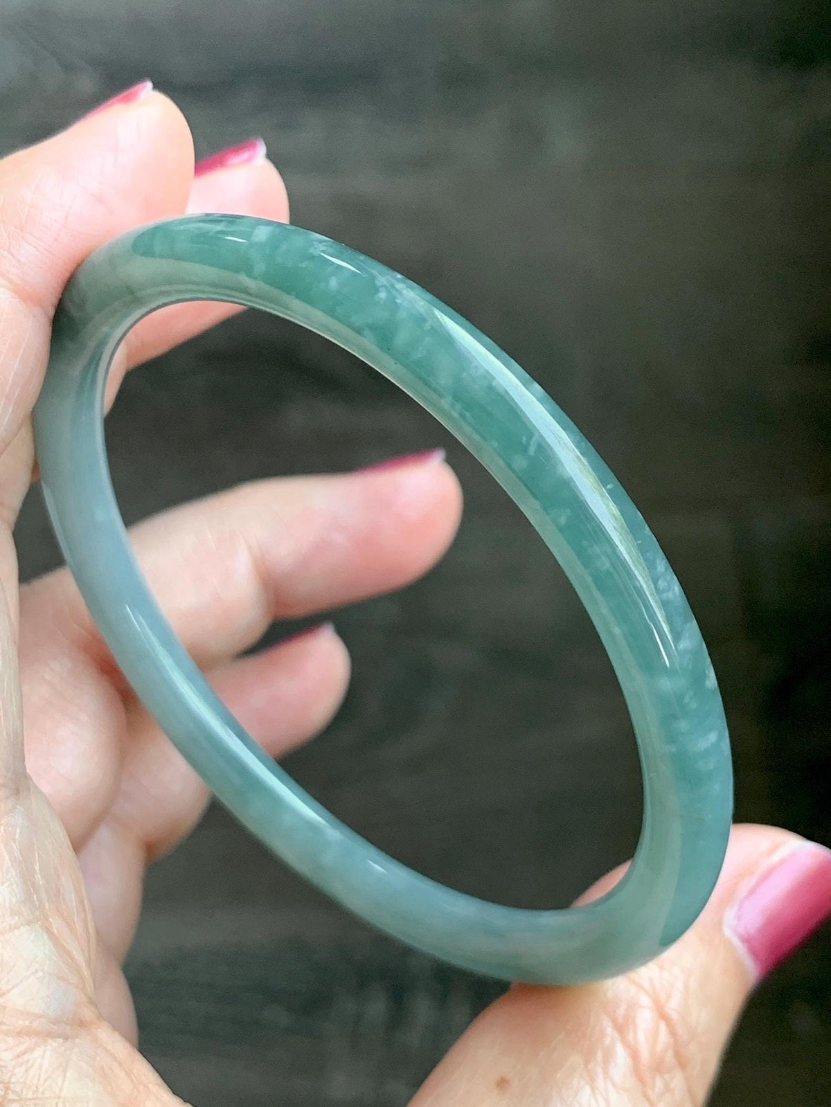 Certified Natural Grade A Guatemalan Icy Translucent Light Dusty Teal Jade Jadeite Slim Bangle 58.24mm 7.2" 19.56g 天然冰危浅蓝翡翠细圆条手镯 957