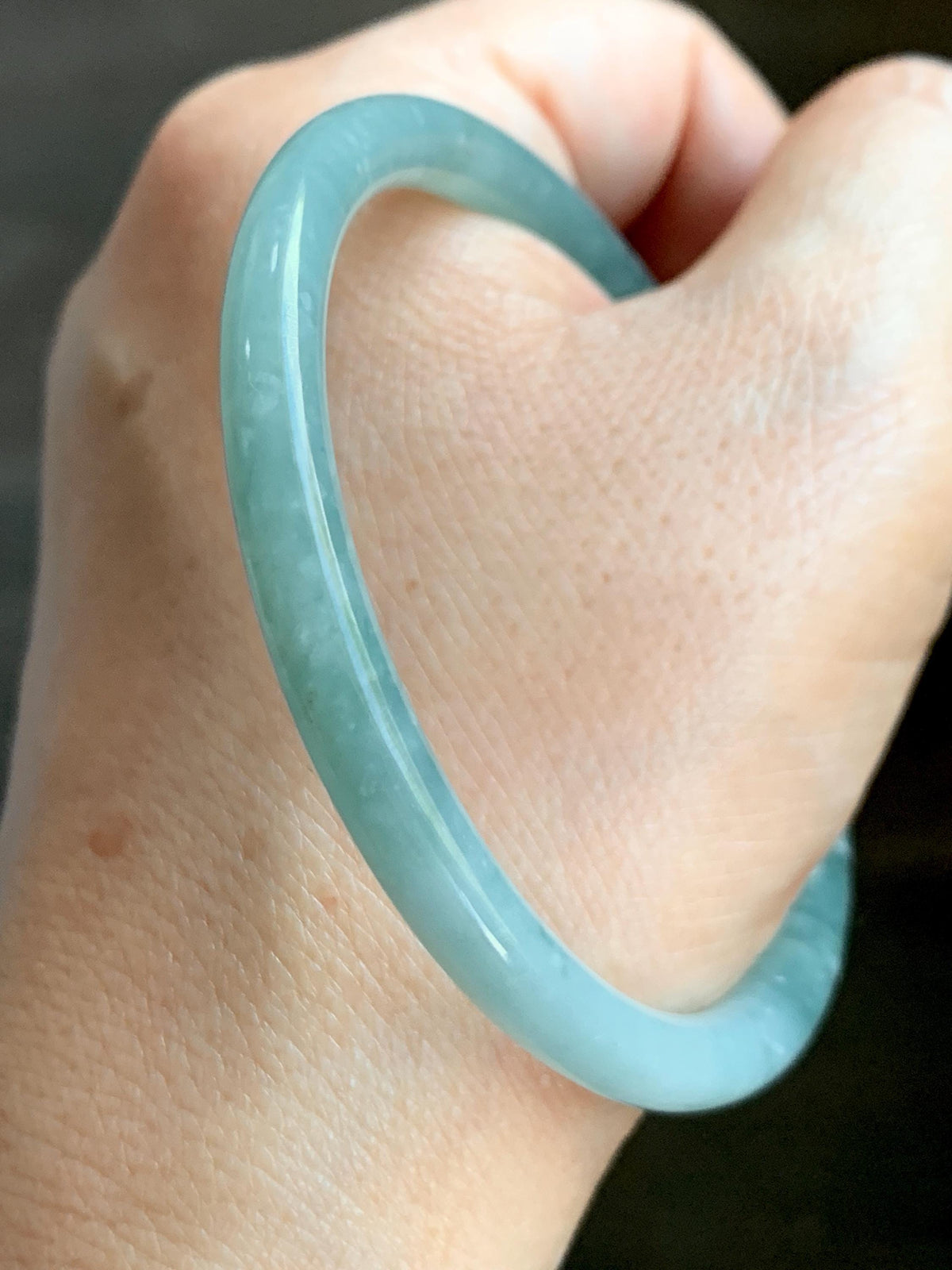 Certified Natural Grade A Guatemalan Icy Translucent Light Dusty Teal Jade Jadeite Slim Bangle 58.24mm 7.2" 19.56g 天然冰危浅蓝翡翠细圆条手镯 957