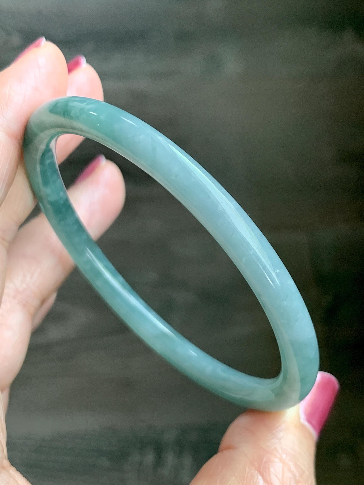 Certified Natural Grade A Guatemalan Icy Translucent Light Dusty Teal Jade Jadeite Slim Bangle 58.24mm 7.2" 19.56g 天然冰危浅蓝翡翠细圆条手镯 957