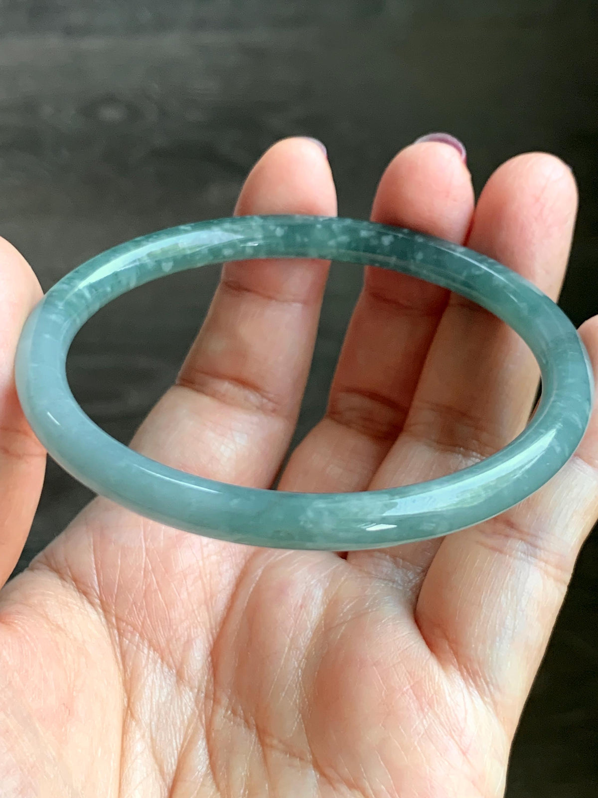 Certified Natural Grade A Guatemalan Icy Translucent Light Dusty Teal Jade Jadeite Slim Bangle 58.24mm 7.2" 19.56g 天然冰危浅蓝翡翠细圆条手镯 957