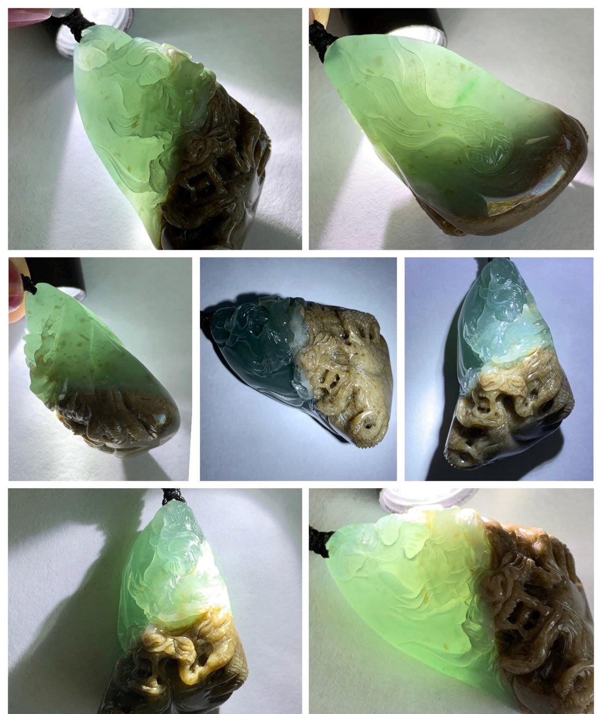 Natural Grade A Guatemalan Icy Translucent Dusty Blue & Brown Bicolored Jade Jadeite Dragon Pendant Rope Necklace 28g 天然冰危淡蓝皮壳翡翠盘龙吊坠 WSL350A