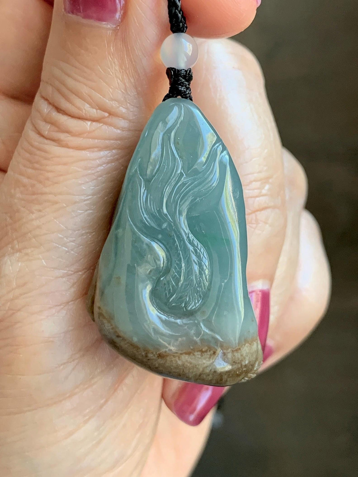 Natural Grade A Guatemalan Icy Translucent Dusty Blue & Brown Bicolored Jade Jadeite Dragon Pendant Rope Necklace 28g 天然冰危淡蓝皮壳翡翠盘龙吊坠 WSL350A