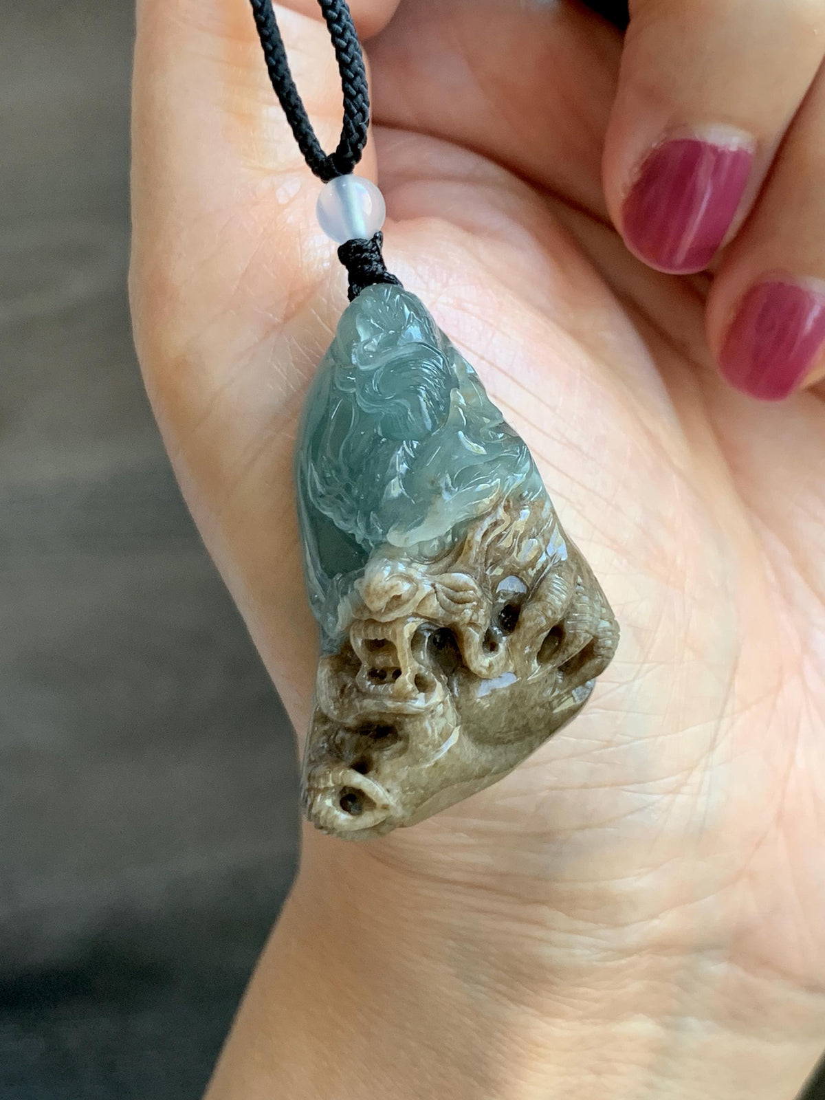 Natural Grade A Guatemalan Icy Translucent Dusty Blue & Brown Bicolored Jade Jadeite Dragon Pendant Rope Necklace 28g 天然冰危淡蓝皮壳翡翠盘龙吊坠 WSL350A