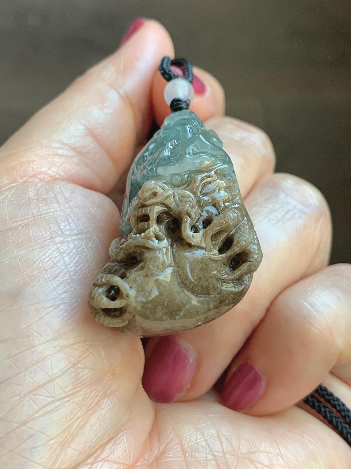 Natural Grade A Guatemalan Icy Translucent Dusty Blue & Brown Bicolored Jade Jadeite Dragon Pendant Rope Necklace 28g 天然冰危淡蓝皮壳翡翠盘龙吊坠 WSL350A