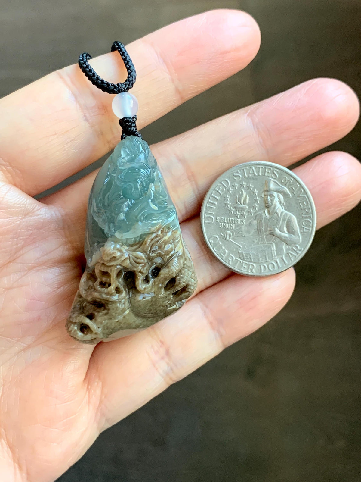 Natural Grade A Guatemalan Icy Translucent Dusty Blue & Brown Bicolored Jade Jadeite Dragon Pendant Rope Necklace 28g 天然冰危淡蓝皮壳翡翠盘龙吊坠 WSL350A