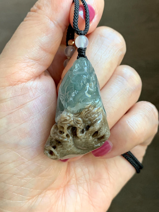 Natural Grade A Guatemalan Icy Translucent Dusty Blue & Brown Bicolored Jade Jadeite Dragon Pendant Rope Necklace 28g 天然冰危淡蓝皮壳翡翠盘龙吊坠 WSL350A