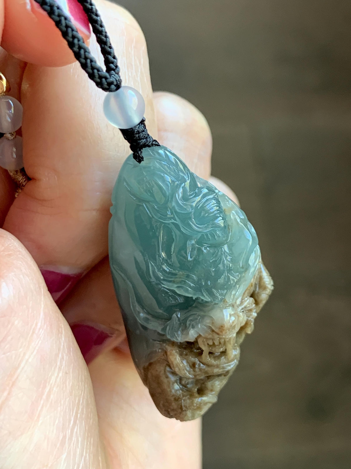 Natural Grade A Guatemalan Icy Translucent Dusty Blue & Brown Bicolored Jade Jadeite Dragon Pendant Rope Necklace 28g 天然冰危淡蓝皮壳翡翠盘龙吊坠 WSL350A