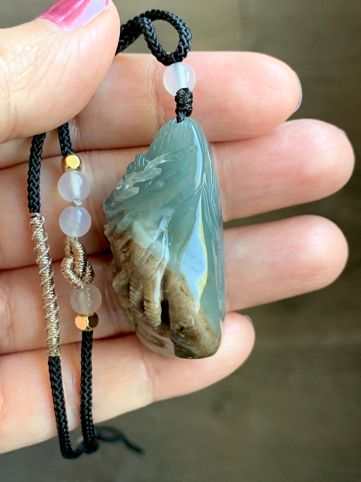 Natural Grade A Guatemalan Icy Translucent Dusty Blue & Brown Bicolored Jade Jadeite Dragon Pendant Rope Necklace 28g 天然冰危淡蓝皮壳翡翠盘龙吊坠 WSL350A