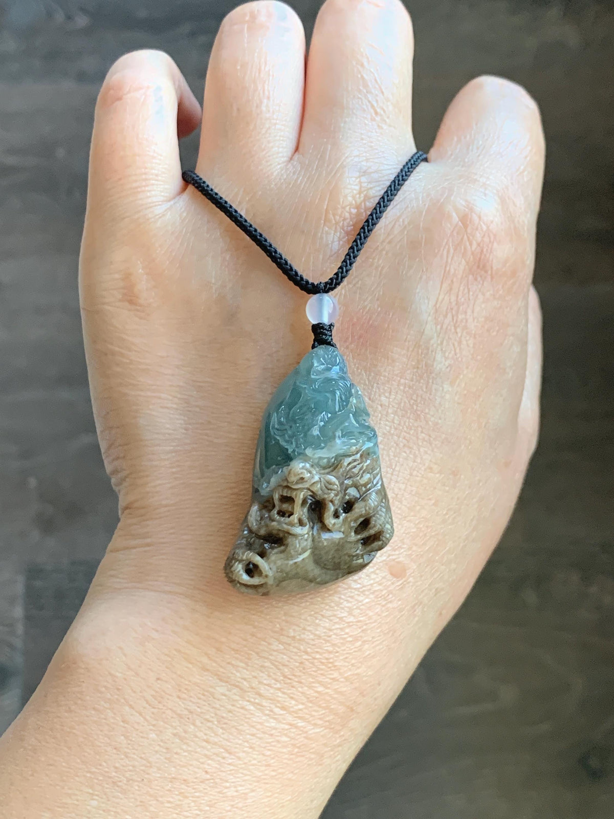 Natural Grade A Guatemalan Icy Translucent Dusty Blue & Brown Bicolored Jade Jadeite Dragon Pendant Rope Necklace 28g 天然冰危淡蓝皮壳翡翠盘龙吊坠 WSL350A