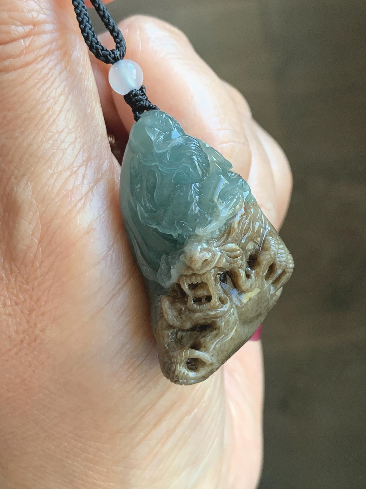 Natural Grade A Guatemalan Icy Translucent Dusty Blue & Brown Bicolored Jade Jadeite Dragon Pendant Rope Necklace 28g 天然冰危淡蓝皮壳翡翠盘龙吊坠 WSL350A